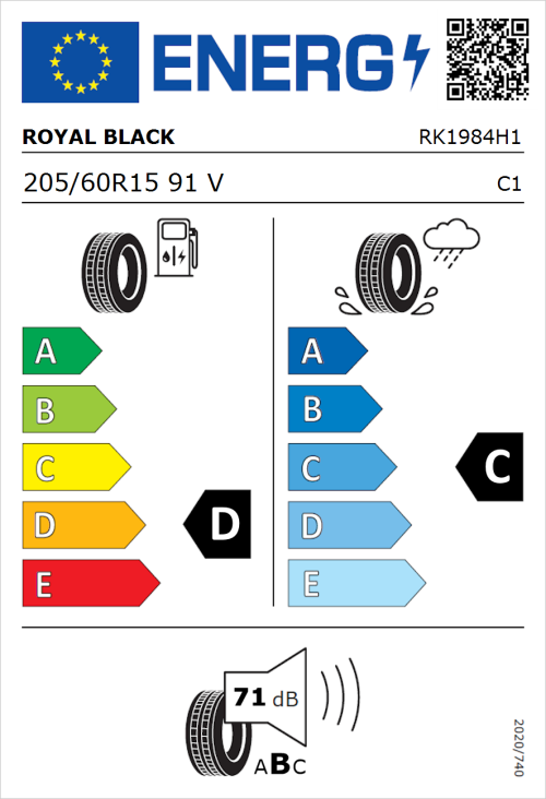 Tyre Label for Royal Black Royal Mile 205/60R15 91V