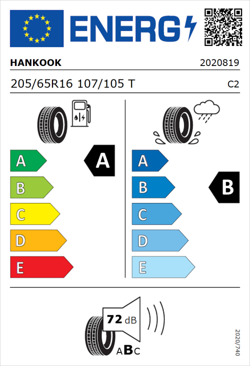 Tyre Label for Hankook Vantra LT RA18 205/65R16 107/105T