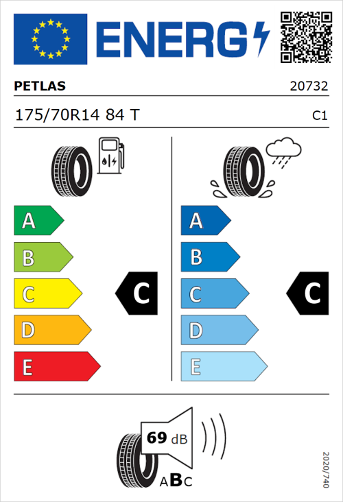 Tyre Label for Petlas Progreen PT525 175/70R14 84T