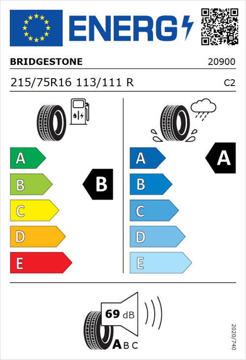 Tyre Label for Bridgestone Duravis Van 215/75R16 113/111R