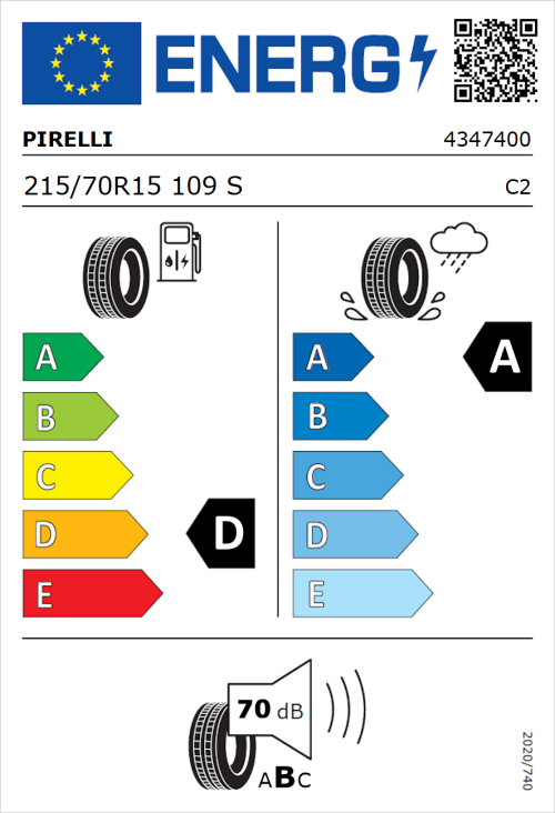 Tyre Label for Pirelli Carrier 215/70R15 109S