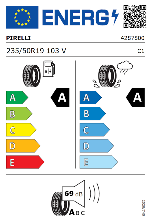 Tyre Label for Pirelli P ZERO E 235/50R19 103V
