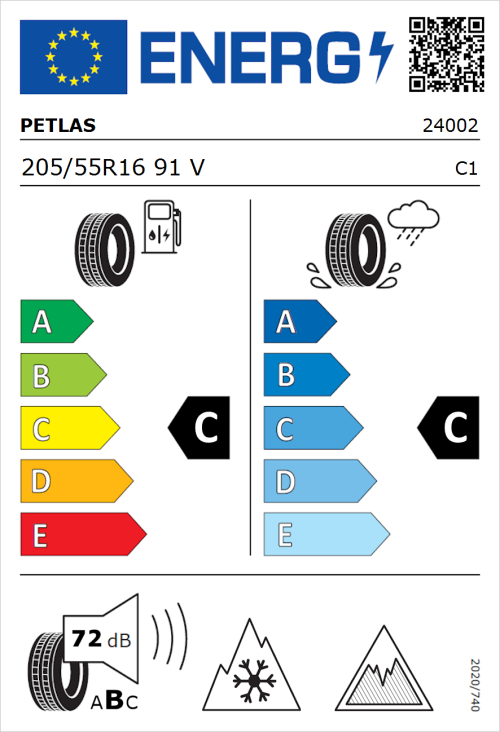 Tyre Label for Petlas Multi Action PT565 205/55R16 91V