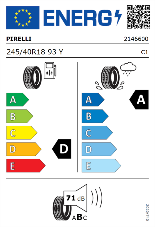 Tyre Label for Pirelli P ZERO Run Flat 245/40R18 93Y